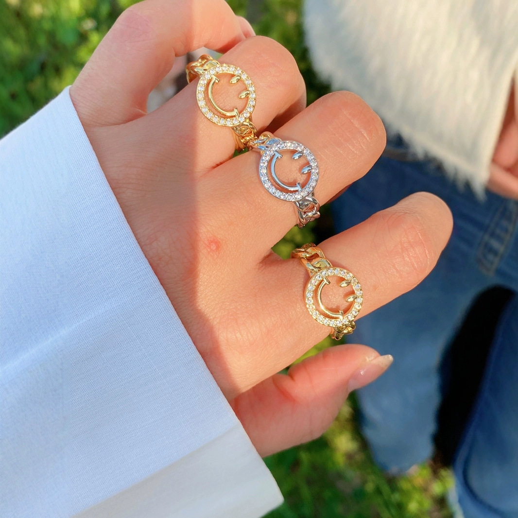 Micro-set zircon ring, cute smiling face ring, adjustable opening ring, 18K gold-plated expression smiling face ring full figure