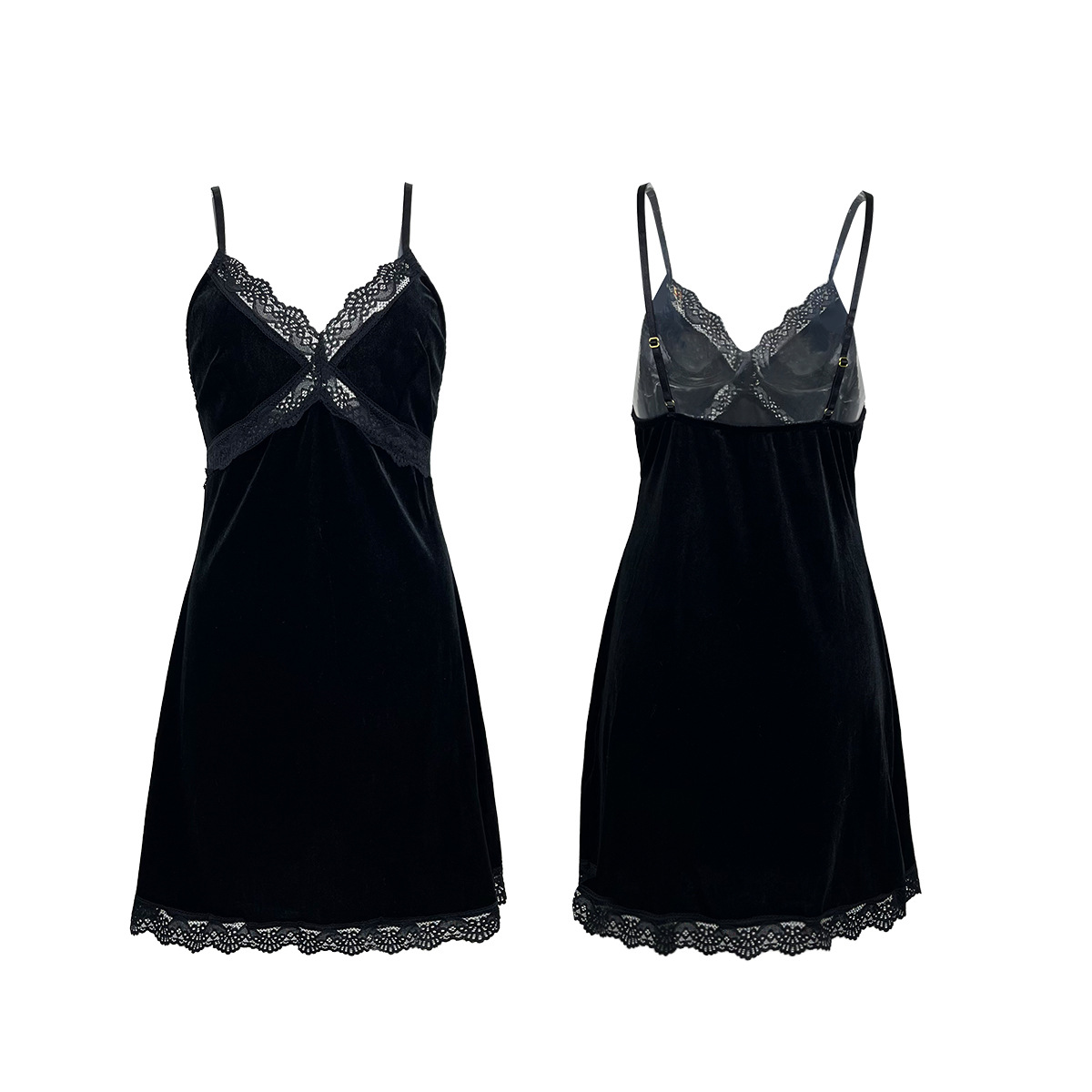 Feiyun Cross-border European and American sexy deep v pajama women's halter nightgown Velvet lace backless home wear 585 Item Picture