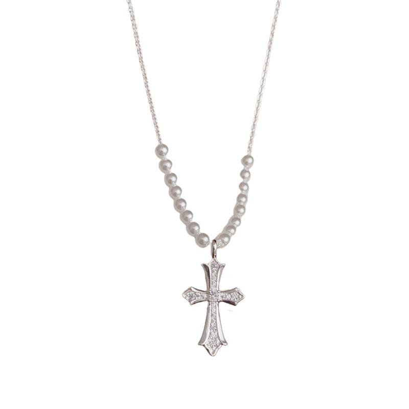 European and American cross-border style, fashionable design sense, thick silver full diamond cross pendant necklace, unique and light luxury, collarbone chain for women Item Picture