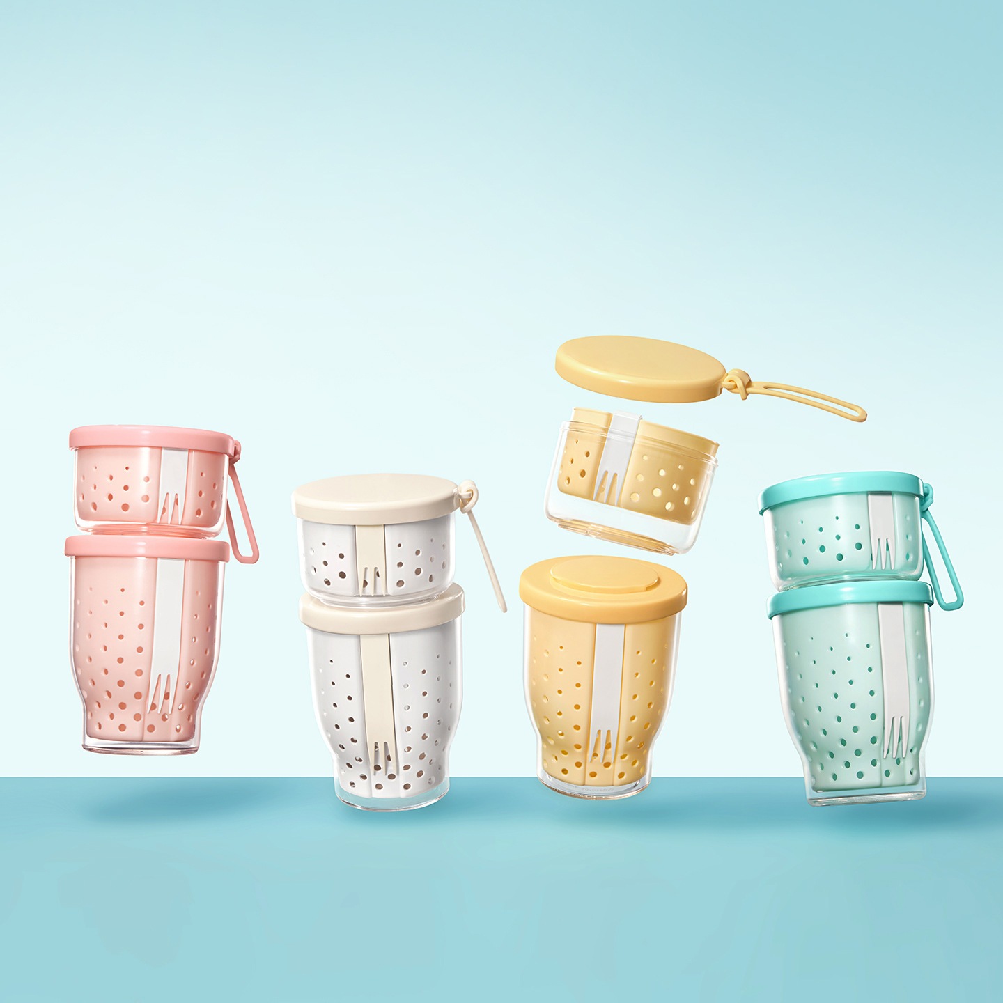 新带叉便携式双层水果杯大容量可沥水密封防漏野餐保鲜沙拉水果杯500ml-800ml