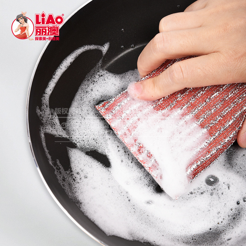 LIAO Dishwashing brush, King Gold and silver striped sponge, kitchen scouring pad to remove stains, non-stick pan brush across the border Specification image