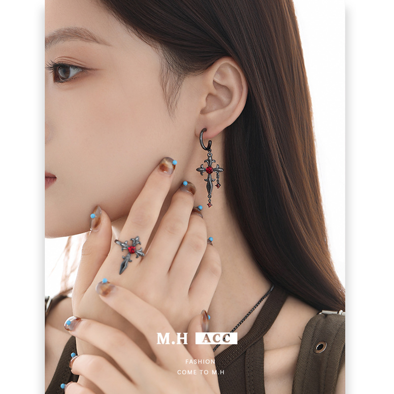 Retro Gothic dark night iris cross earrings, original design sense, European and American punk hip-hop exaggerated earrings for women details Picture