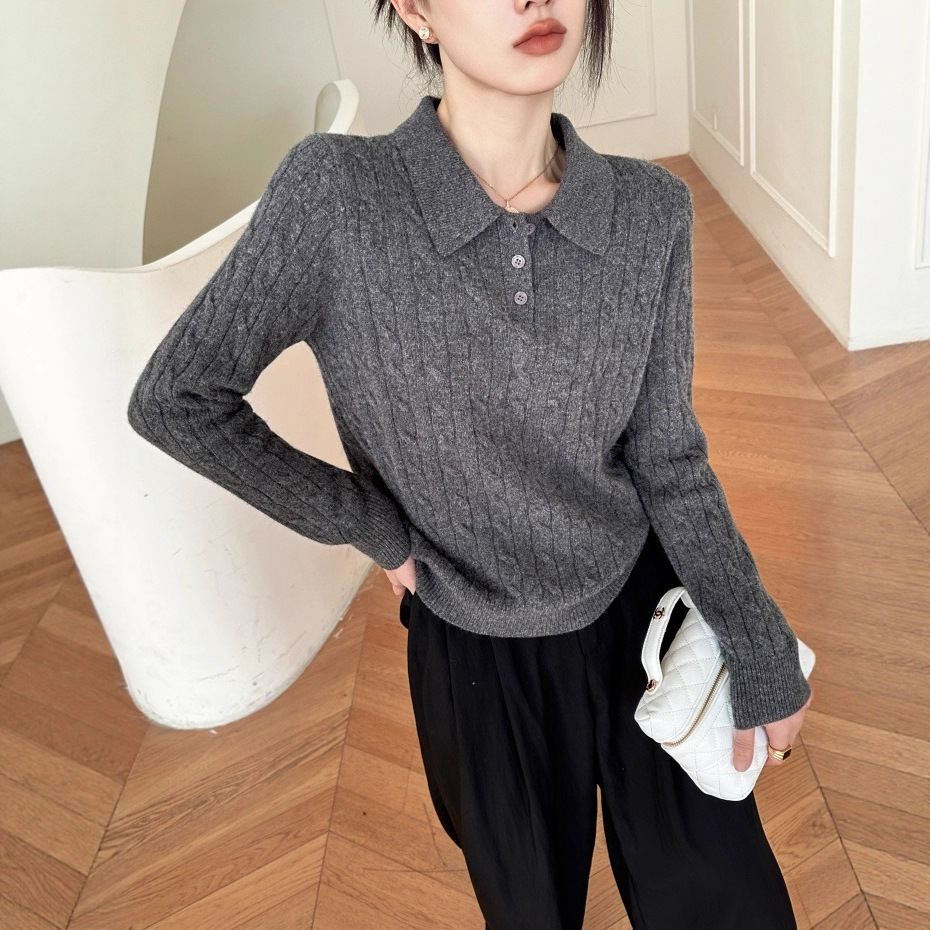 秋冬新款气质翻领百分百羊毛开衫坑条绞花贝壳扣针织衫百搭毛衣女
