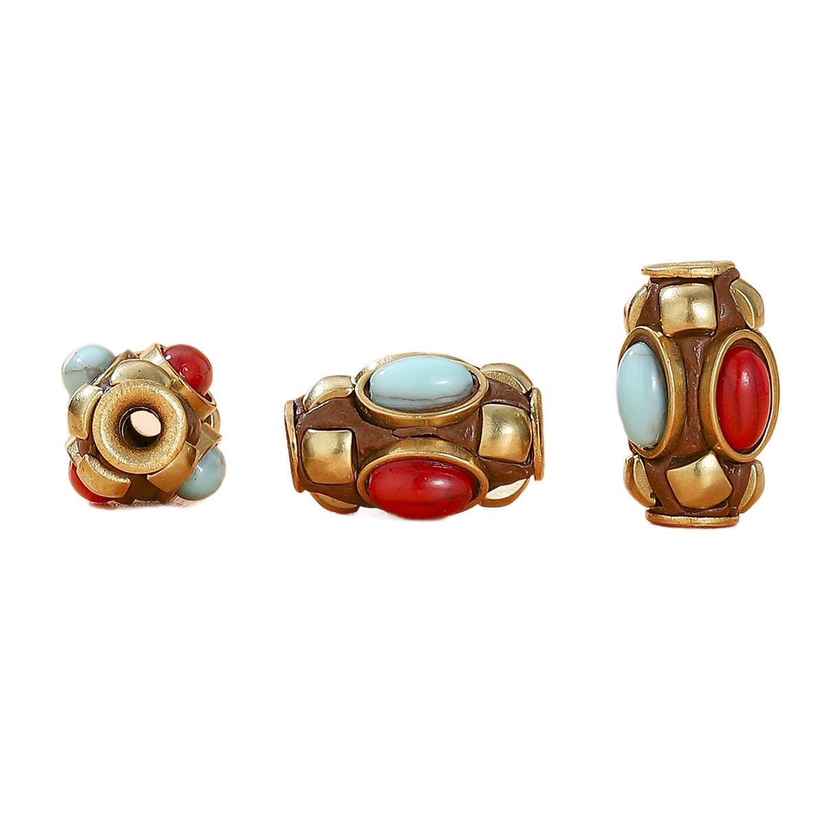 Tibetan-style retro Nepalese copper beads inlaid with red and blue stone bucket beads DIY jewelry accessories, bead partition cultural play accessories Item Picture