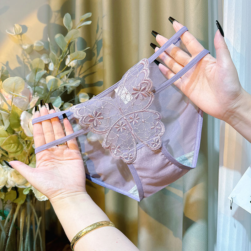 新款蝴蝶刺绣网纱女士内裤性感细带舒适无痕镂空低腰字内裤女