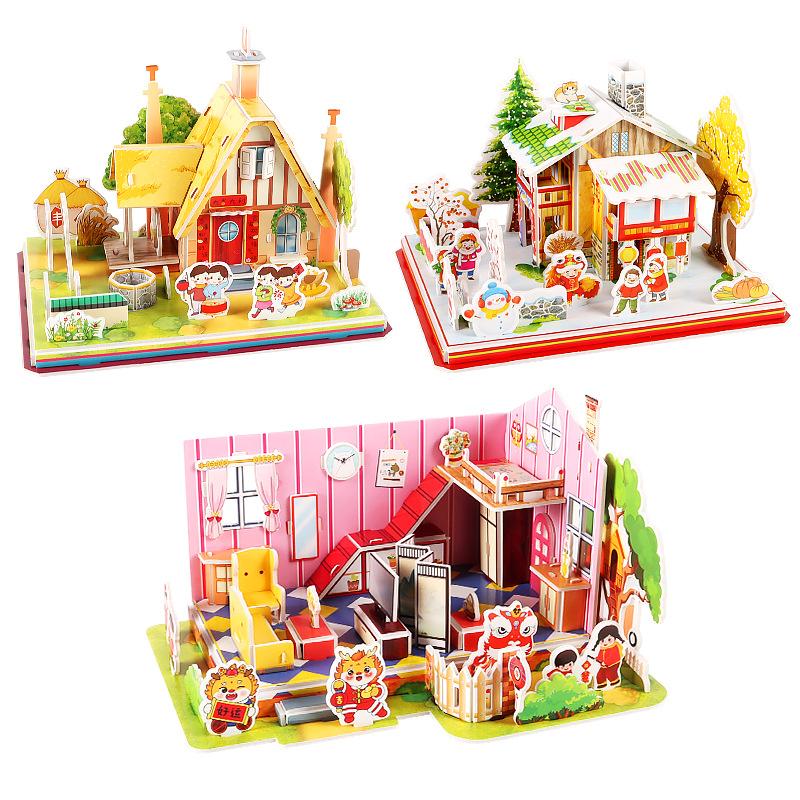Recognize the New Year gift items for the Year of the Dragon in 2024: children's jigsaw puzzles, 3D houses, house assembly, and handmade toys for boys and girls Item Picture