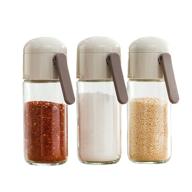 Quantitative seasoning jar, salt-free kitchen glass seasoning bottle, sealed moisture-proof barbecue sprinkling bottle, press salt control salt jar Item Picture