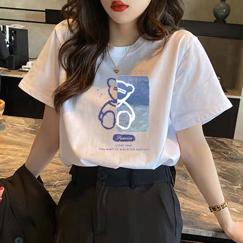 Pure cotton bear short-sleeved T-shirt for women's summer 2026 new style, Harajuku design sense, niche white half-sleeved T-shirt, trendy on Instagram details Picture