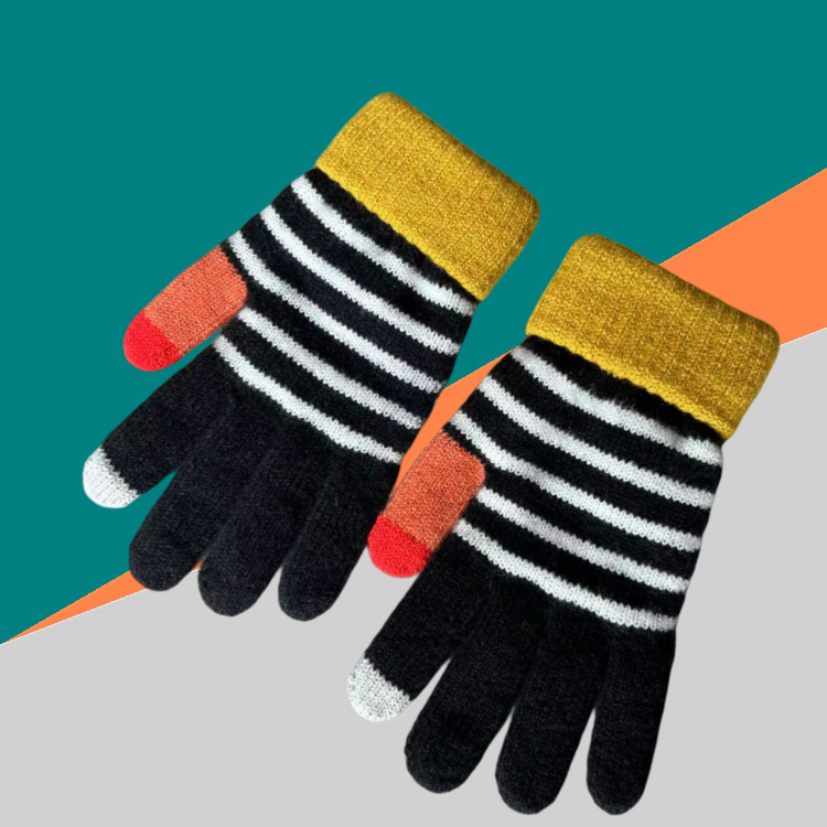 Warm gloves, fleece and thickened wool gloves, double-layer cuffs, striped checkered jacquard winter knitted couple gloves Specification image
