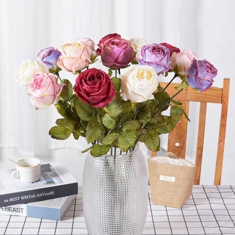 仿真玫瑰焦边玫瑰花单支情人节家居婚礼装饰假花人造玫瑰绢花批发