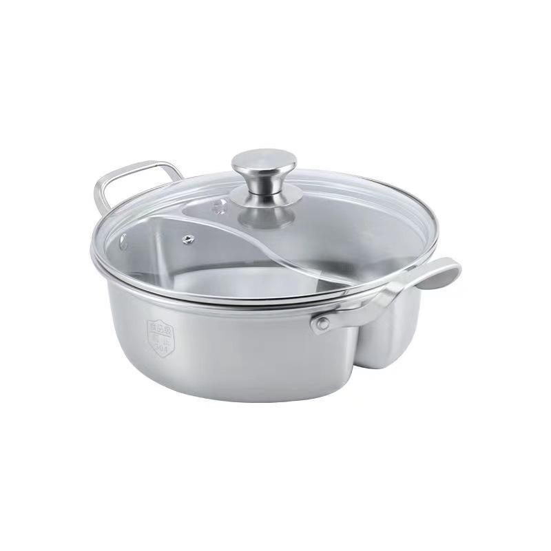 Thickened 304 stainless steel double-flavored pot, non-cross-flavor small hot pot, one-piece pot with lid, clear soup pot, dipping pot, hot pot basin Item Picture