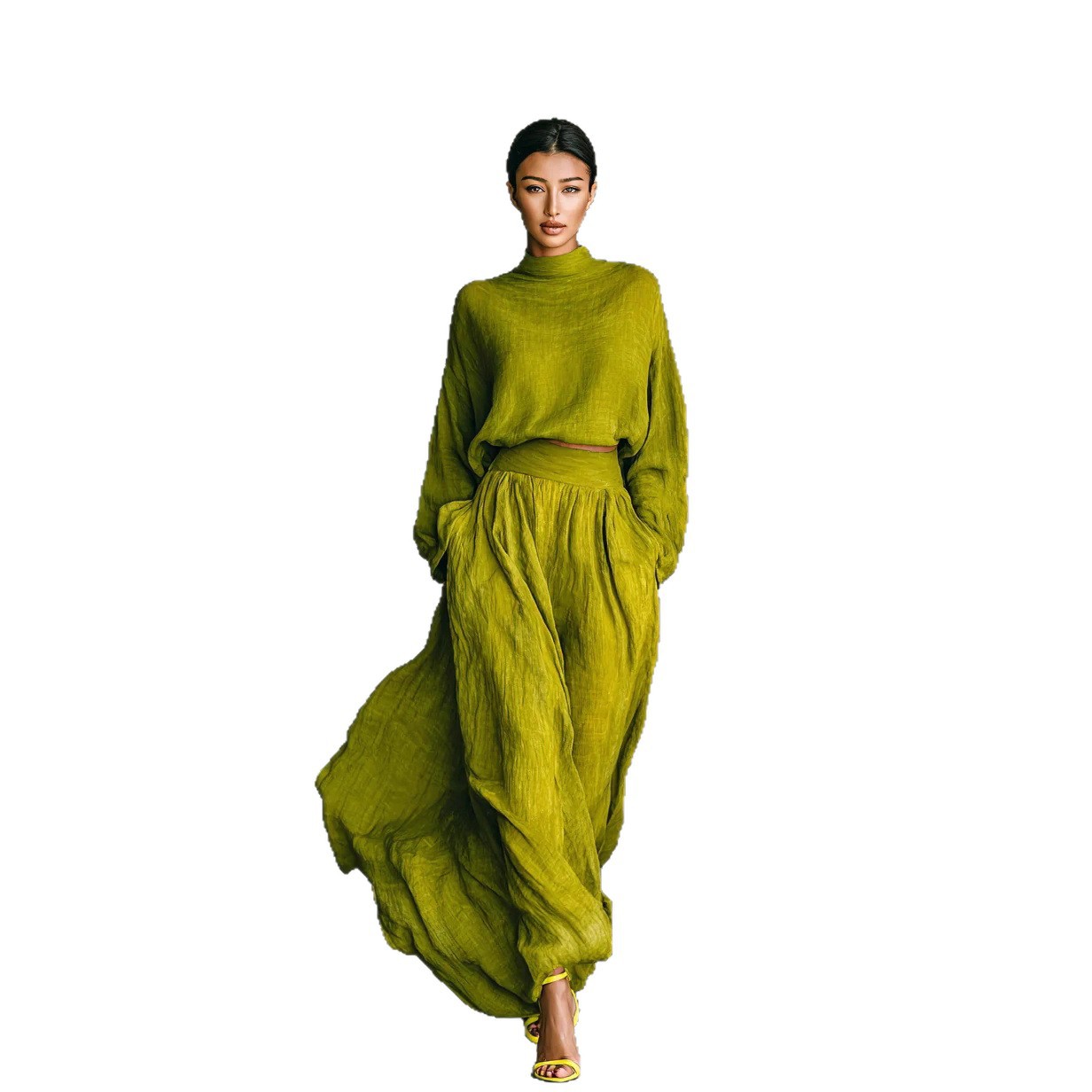 In-Stock Cross-Border Trade Women's Clothing, Cotton And Linen Autumn And Winter Matching Set, Long-Sleeved High-Neck Top, Versatile Pleated Pocket Long Dress Item Picture