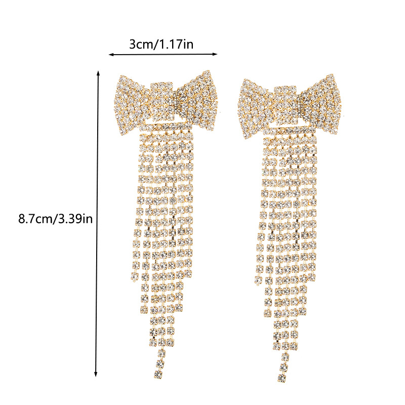 Cross-border Korean version elegant and stylish bow tassel rhinestone earrings, European and American fashion light luxury banquet full rhinestone earrings details Picture
