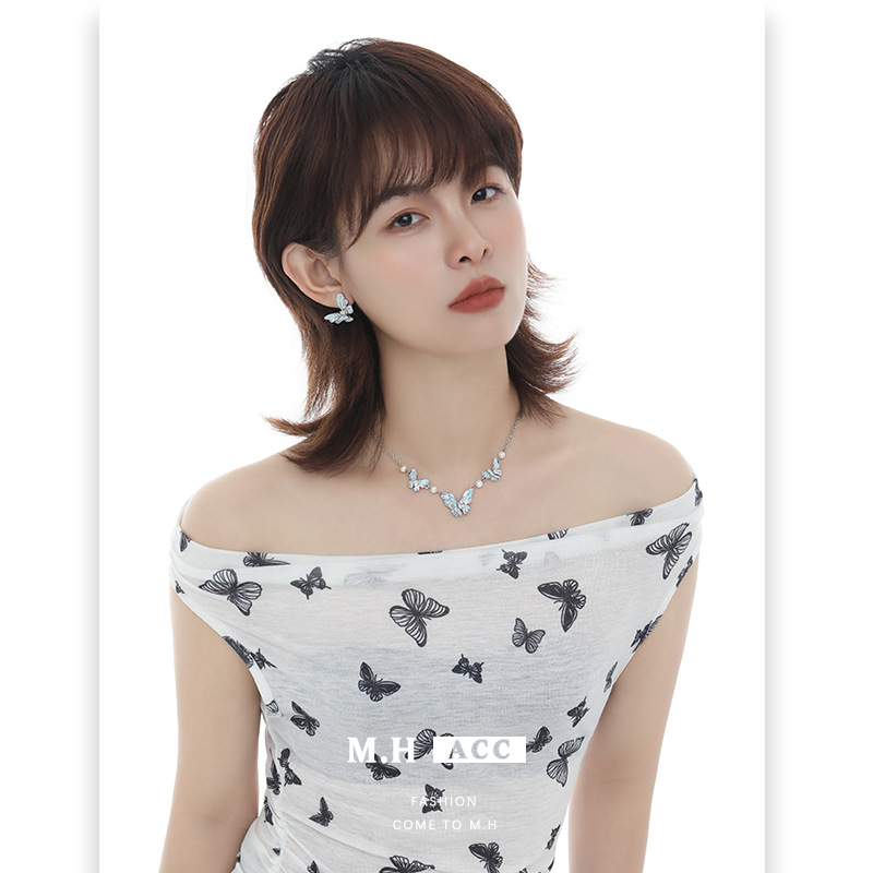 Original design 2025 new Blue Butterfly series, light luxury, high-end, sweet and cool style stud necklace, earrings and bracelet details Picture