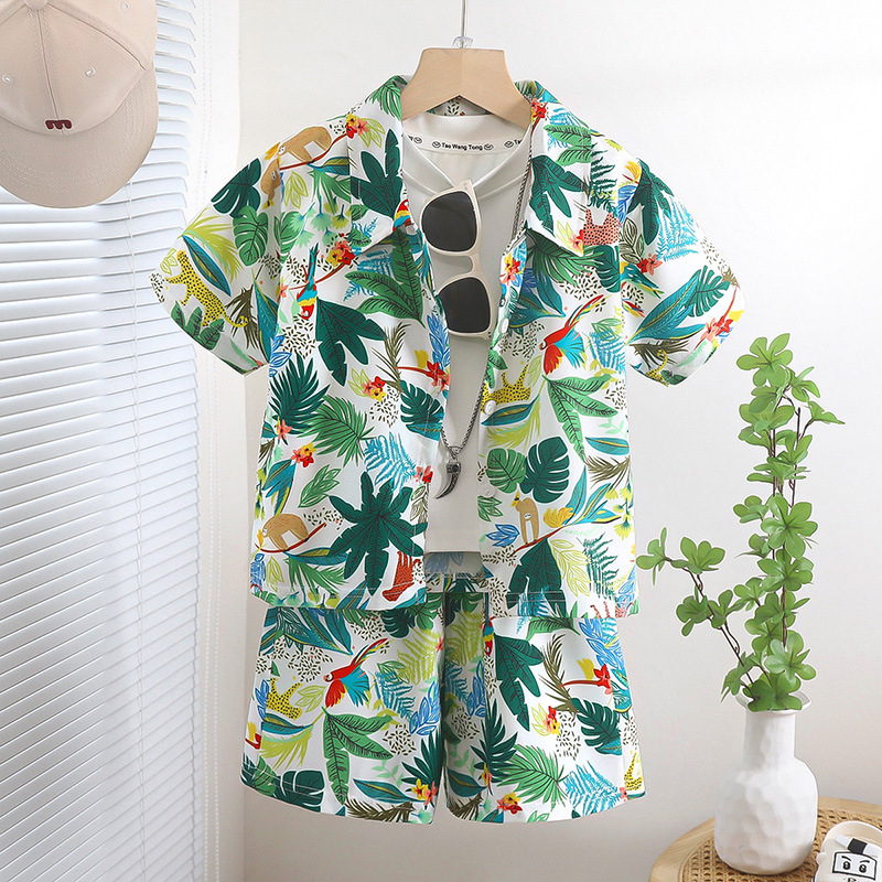 New boys' lapel short-sleeved suit, two-piece sand beach Hong Kong-style printed shirt set, summer thin vacation floral shirt Specification image