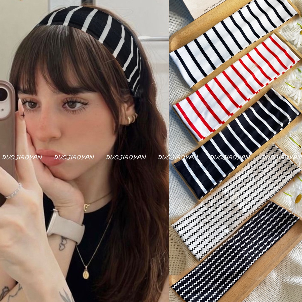 This is a new cross-border striped printed hair accessory from Europe and America, featuring a wide edge stretch and retro fashion. It is sweat-absorbing, breathable and can tie up hair for women details Picture