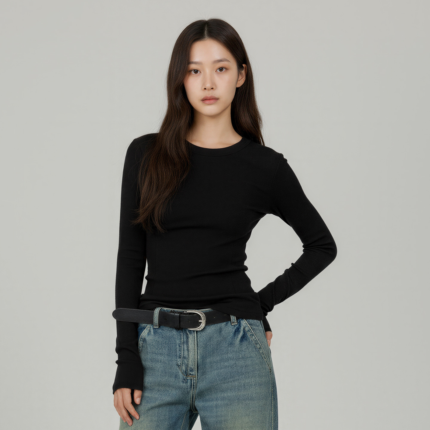teeshe slimming Merino wool base shirt for women to look slimmer in autumn and winter, round-neck T-shirt with long sleeves, casual and versatile details Picture
