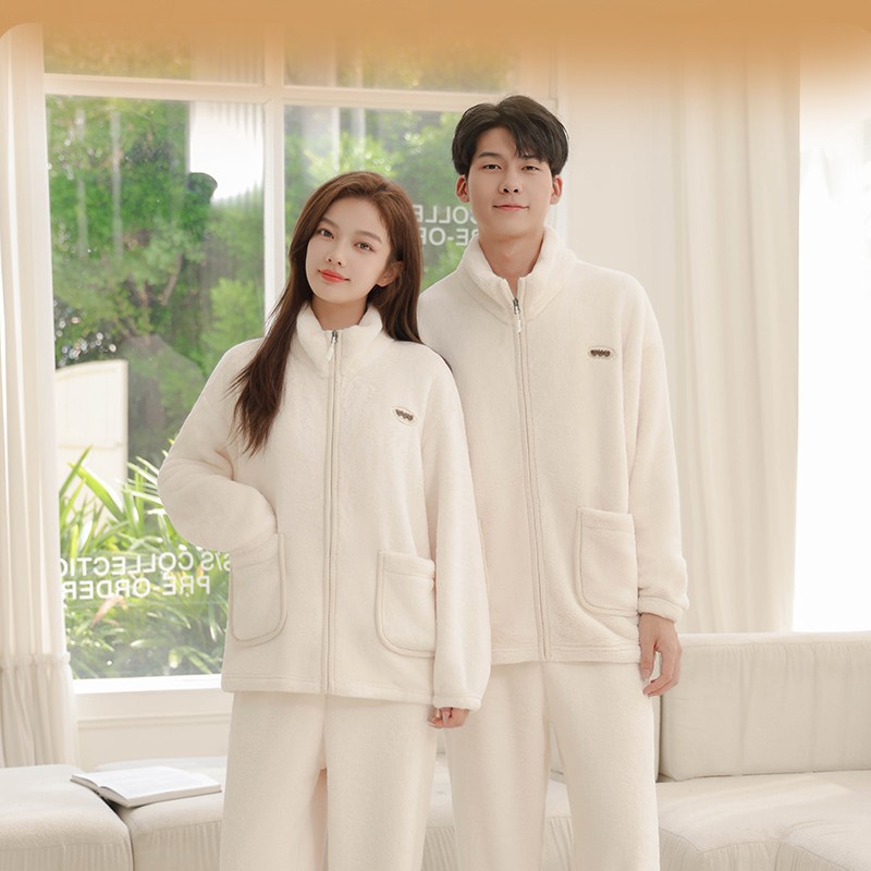 Autumn and winter coral fleece couple pajamas with stand-up collar, zipper, thickened flannel, loose and suitable for wearing as outerwear