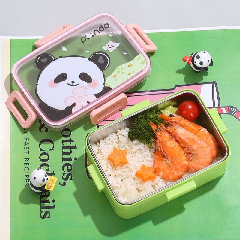 Cute panda stainless steel children's lunch box with bowl, sealed bento box, lunch box, student leak-proof fruit box details Picture
