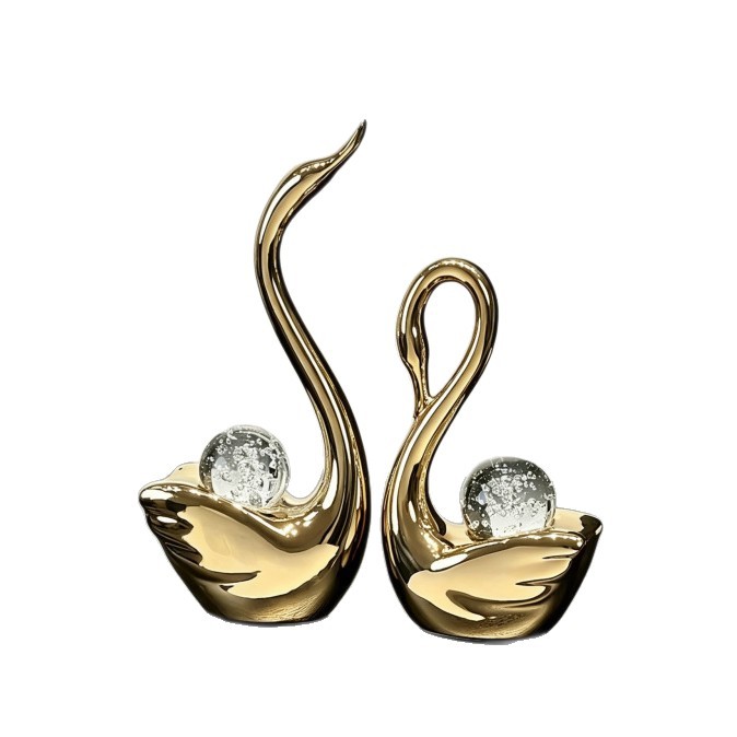 Black and white color-matched couple swan ceramic decorative piece with crystal ball, modern and simple living room TV cabinet home decoration Item Picture