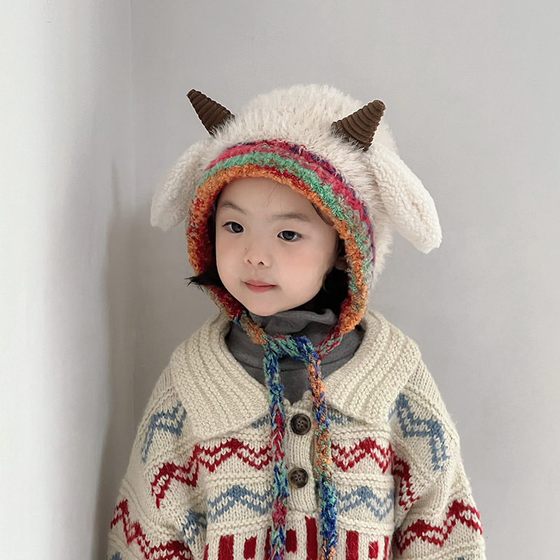 冬季保暖儿童帽子加厚针织毛绒帽男女宝宝可爱牛角护耳套头毛线帽细节图