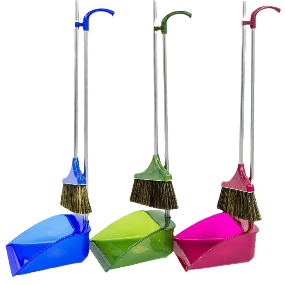 Household broom and dustpan combination set, double-color silk broom and dustpan combination set with docking rod Item Picture