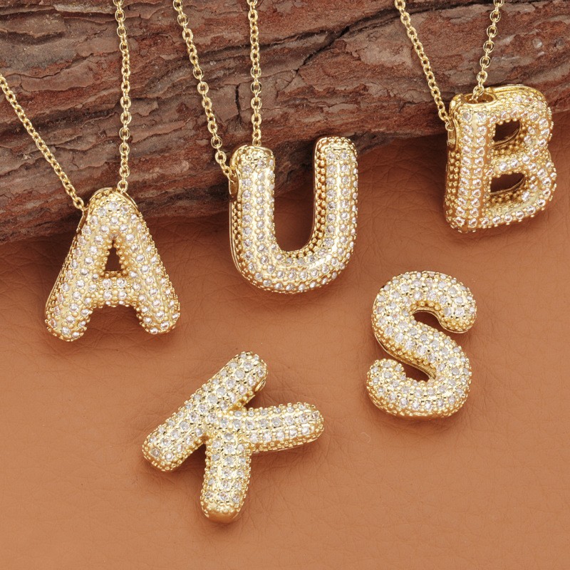 Cross-border super popular bubble English letter pendant necklace 18k copper plated with zircon inlaid hip-hop balloon letter collarbone chain