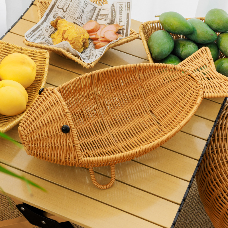 Fruit plate, rattan woven storage fruit plate, cute desktop woven bread basket, living room and kitchen storage basket, snack storage basket details Picture
