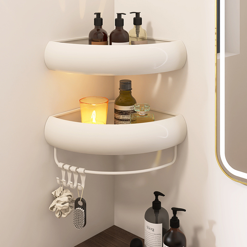 奶油风浴室三角置物架免打孔卫生间厕所洗漱台墙上收纳转角架子