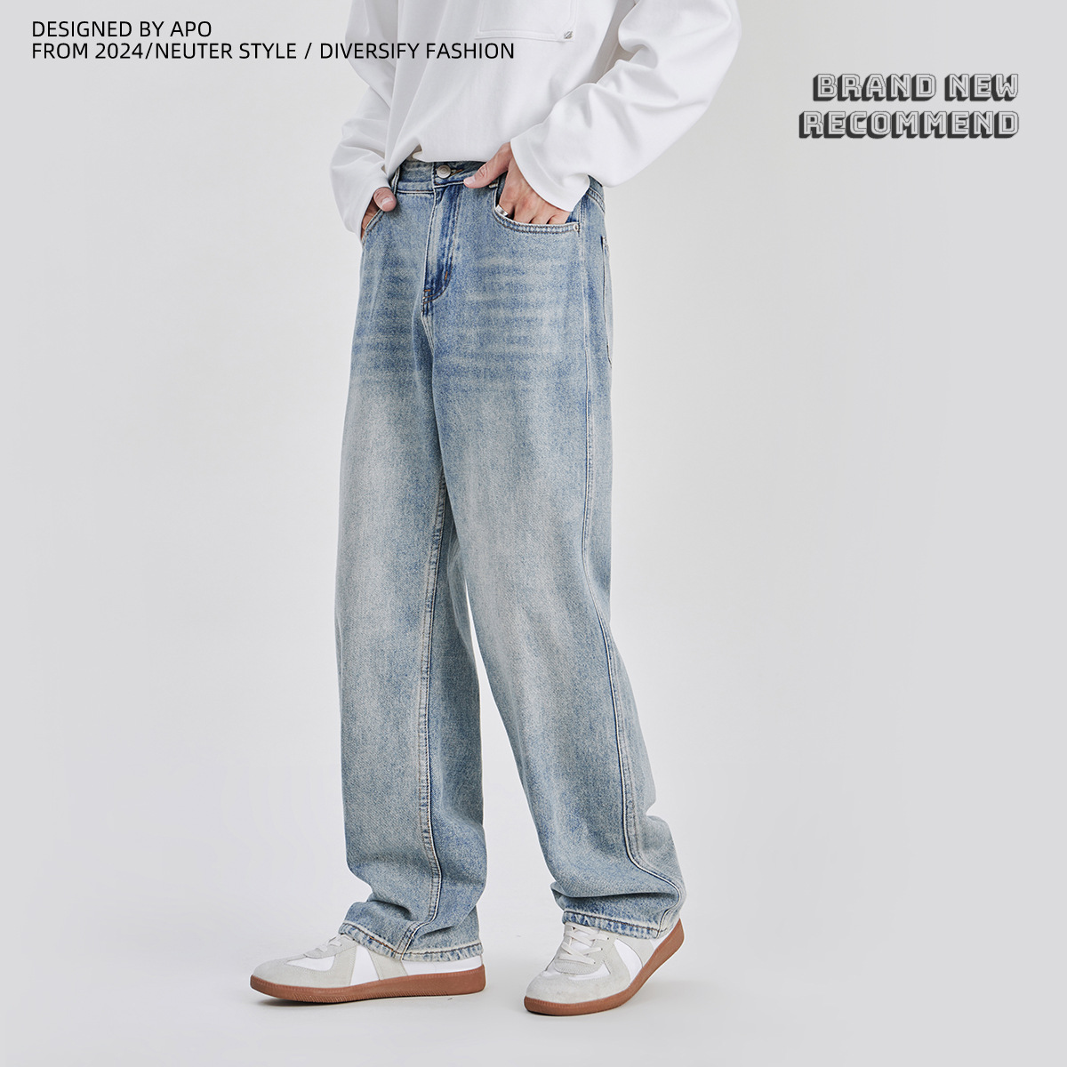 APO Men's Wear: American high street cat beard washed jeans for men's autumn, stylish and trendy loose straight-leg long pants Specification image