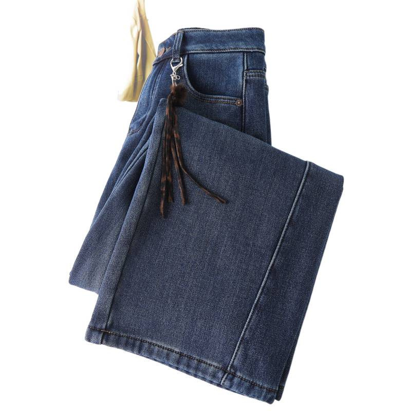 Denim blue fashionable narrow style jeans for women 2025 autumn/winter new high-waisted, slimming, fleece warm, casual straight-leg pants Item Picture