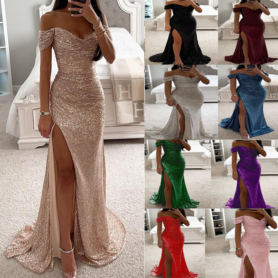 Cross-border 2025 New European and American party sequined one-shoulder split dress, INS casual fashion dress for women thumbnail
