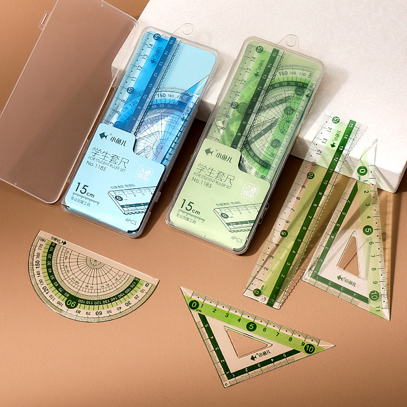 Xiaoyu 'er student Ruler Four-piece set, set of triangular ruler with wavy lines, double-sided scale, straight ruler and protractor, transparent Application Scenario