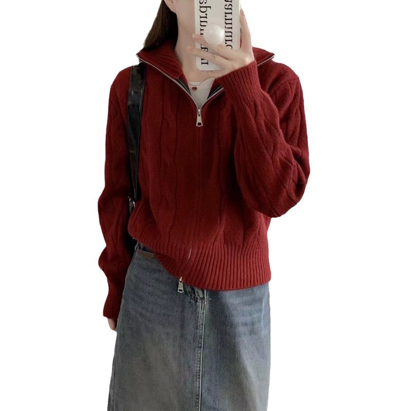 Solid-color casual double-zipper twisted knit cardigan coat, fashionable and versatile, new autumn and winter style sweater top for women Item Picture