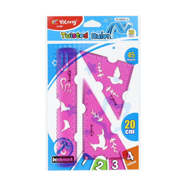 Yalong Cross-border New Type Plastic 20 cm Twisted Ruler Set Multi-color school straightedge measuring Tool