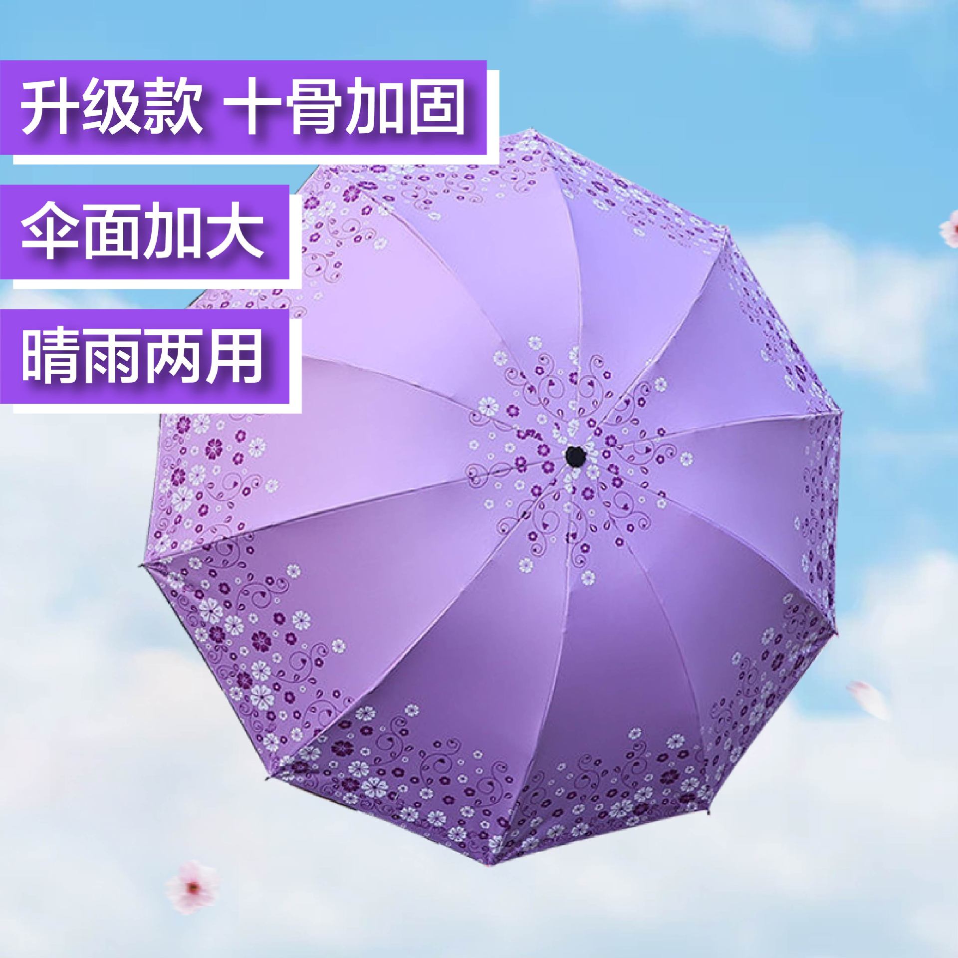 All-weather dual-purpose umbrella, 10-bone enlarged single and double person black rubber printed pattern sun umbrella, sun protection and shade umbrella, thickened folding umbrella