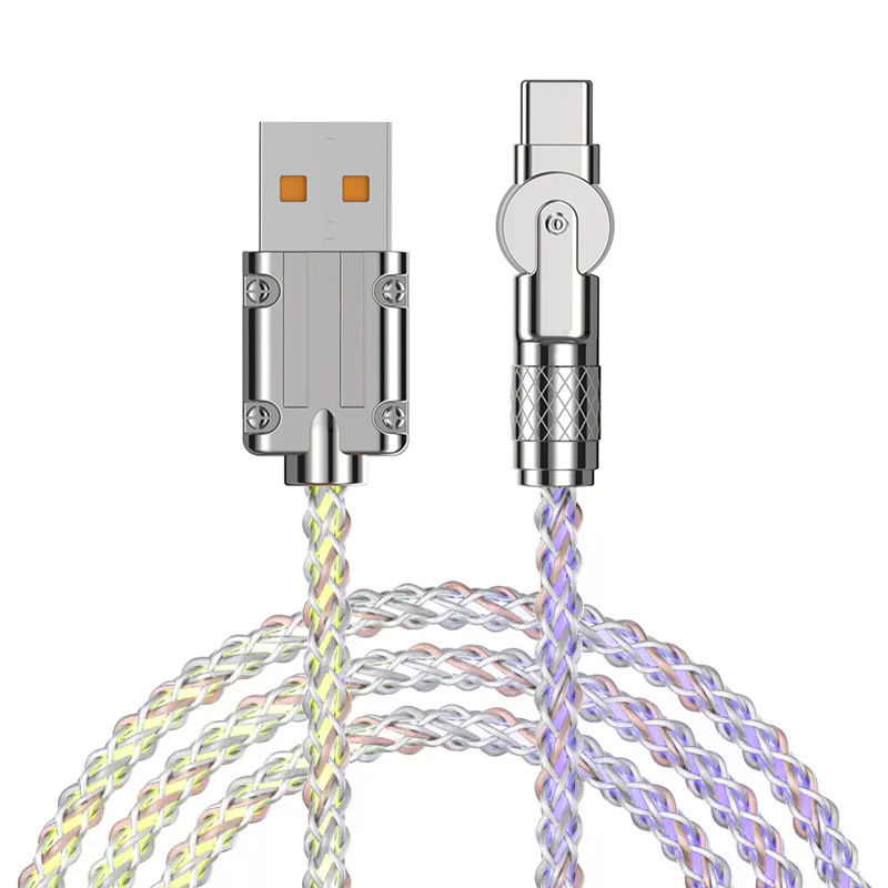 RGB light-emitting rotating data cable, 6A fast charging, Type-C seven-color gradient elbow, thickened charging cable, car ambient light Item Picture