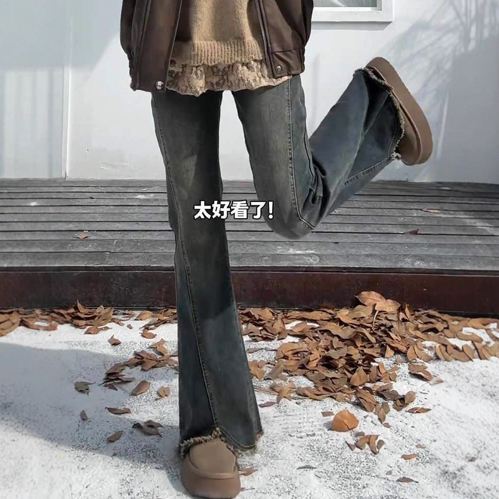 Cement grey fringed, slit, slightly flared jeans for women, spring and autumn, plate-sized, plump girls, high-waisted, slimming, hip-covering, elastic flared pants details Picture