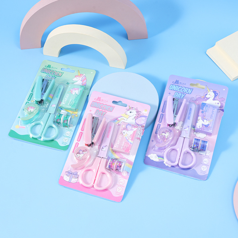 Unicorn Cute mini scissors Tape set, student stationery stapler, high appearance level cartoon stapler set full figure