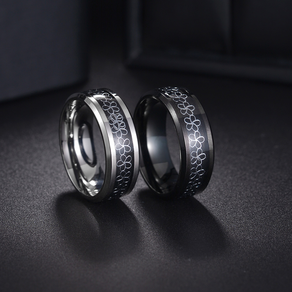 Cross-border new European and American oil drip ring small flower jewelry, flower pattern titanium steel ring 8mm bevel electroplated