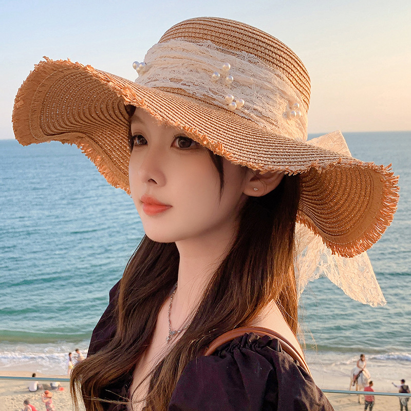 Summer bow sun hat Women's beach beach holiday sun hat Outdoor large brimmed sun hat sweet straw hat details Picture
