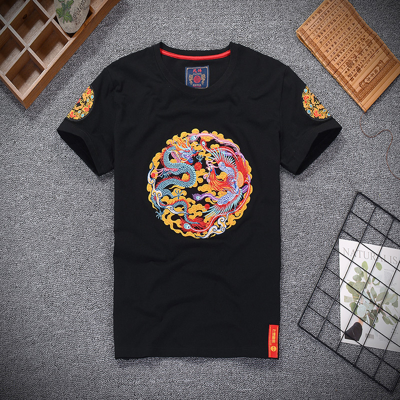 Chinese trend men's short-sleeved T-shirt, men's dragon and phoenix youth loose round-neck summer embroidered dragon robe half-sleeved T-shirt