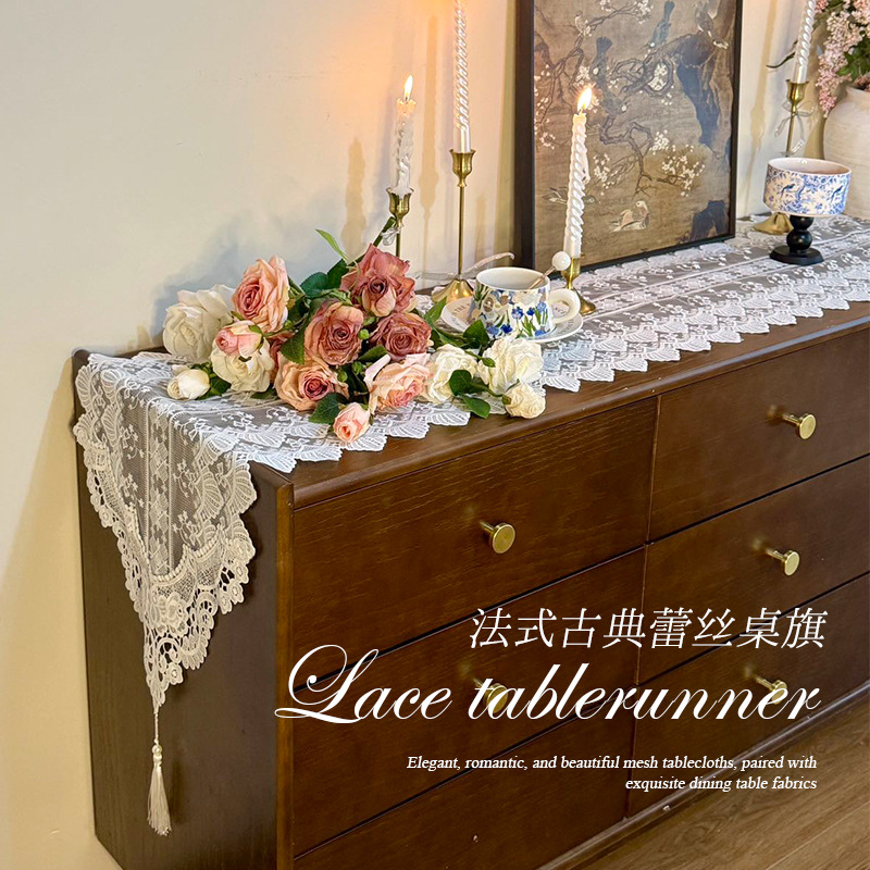 Wholesale Amazon tablecloths, coffee tables, long strips of fabric, TV cabinets, decorative covers, white household hollowed-out table flags, lace details Picture