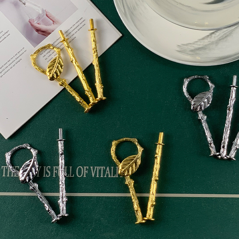 Creative zinc alloy multi-layer stringing plate handle, leaf-shaped electroplated cake and dessert stringing plate handle, fruit plate stringing rack details Picture