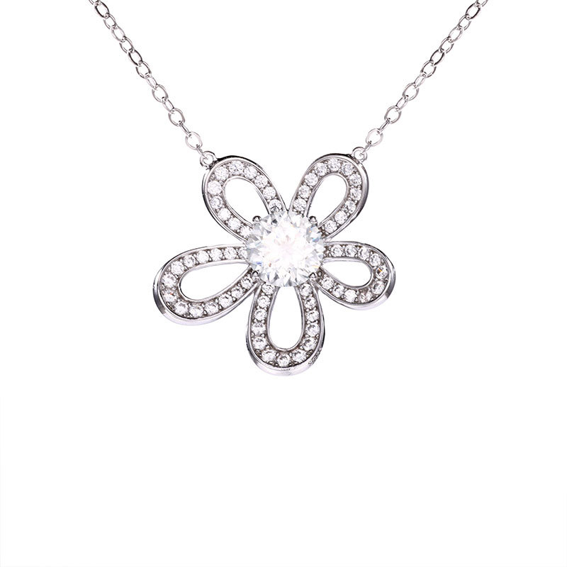 Silver light luxury, niche female full diamond sunflower collarbone chain, popular hollowed-out pendant, moissanite, pure silver camellia Item Picture
