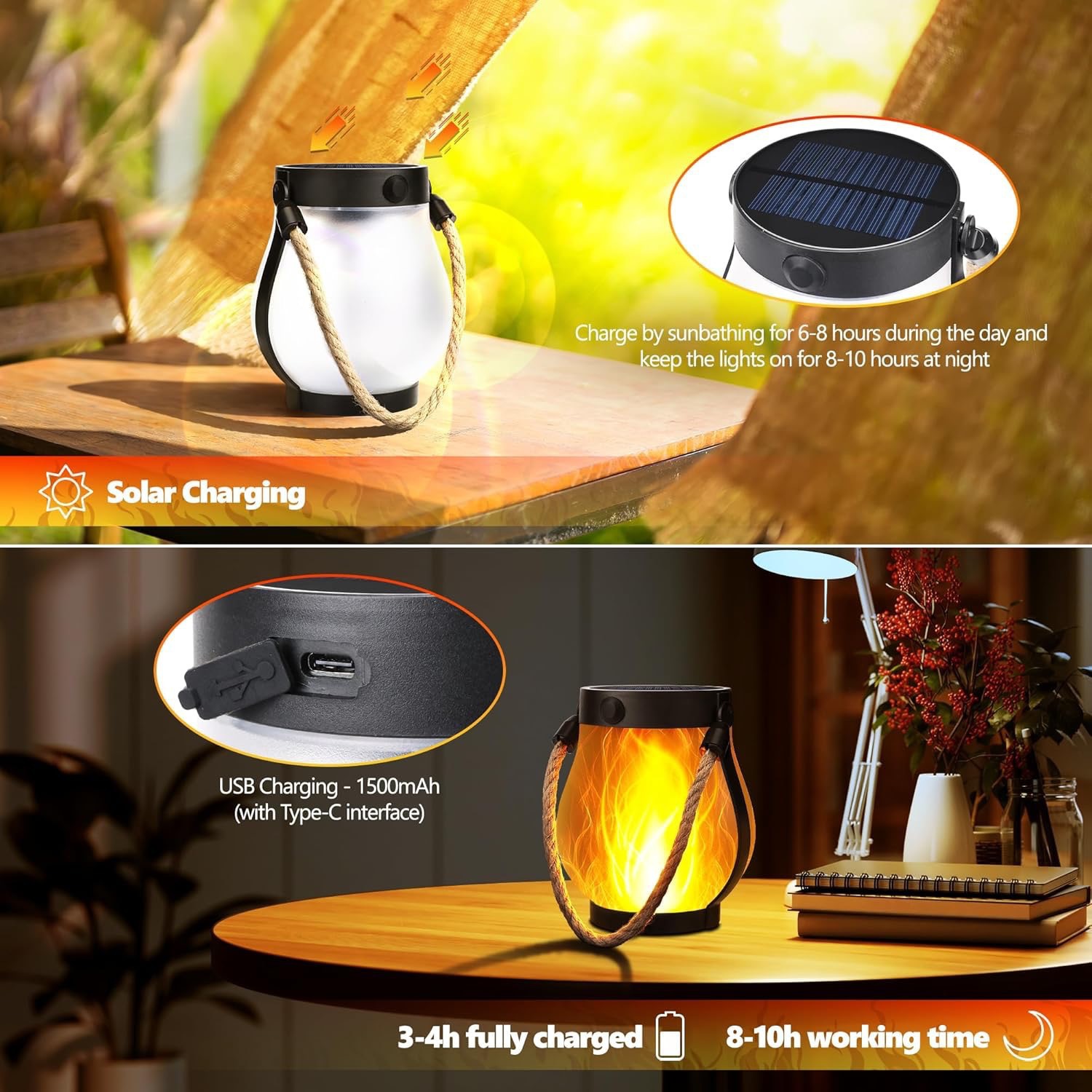 Luz de llama solar transfronteriza linterna de cuerda de cáñamo decoración de jardín patio mason luz solar usb patio Specification image