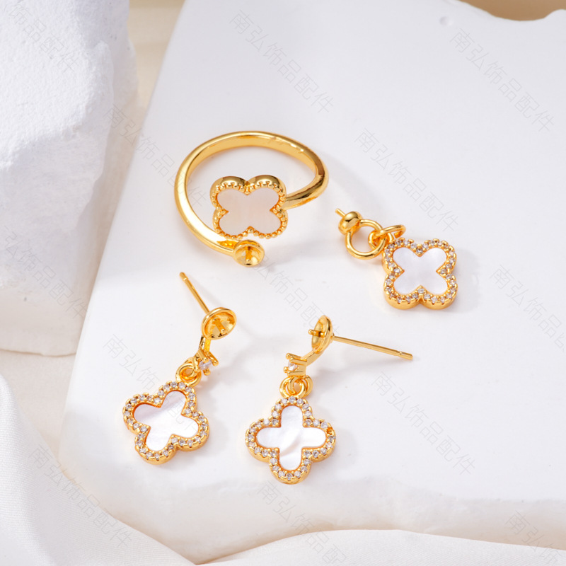 Pearl ring, earneedle pendant, micro-set, three-piece set, empty setting, four-petal flower oil drip, crushed shell, retro DIY jewelry earrings
