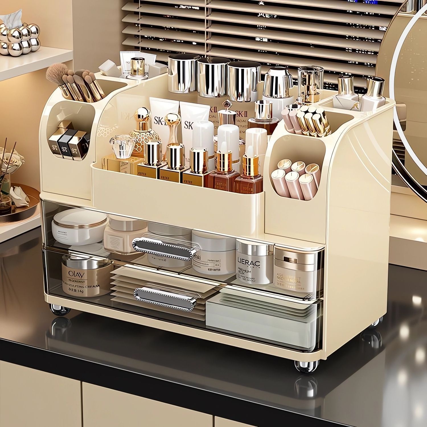 桌面化妆品抽屉收纳盒大容量护肤品口红眉笔置物架多功能化妆盒子