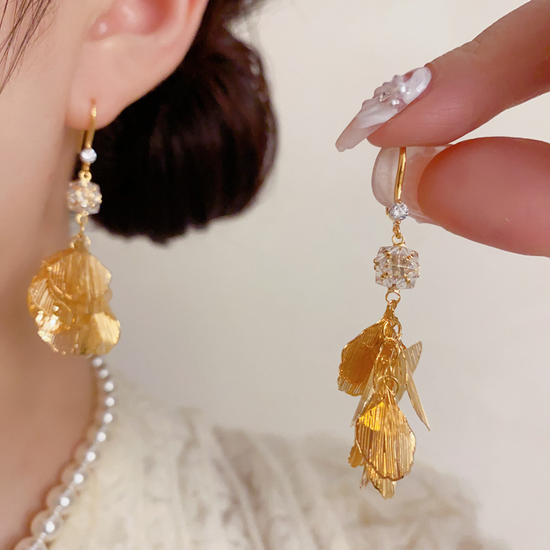 欧美个性夸张金属镂空树叶流苏耳坠轻奢时尚百搭长款显瘦耳饰批发