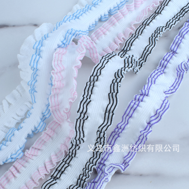 2cm双向织纹褶皱布木耳花边带条纹diy袜子娃衣裙边装饰弹力松紧带细节图